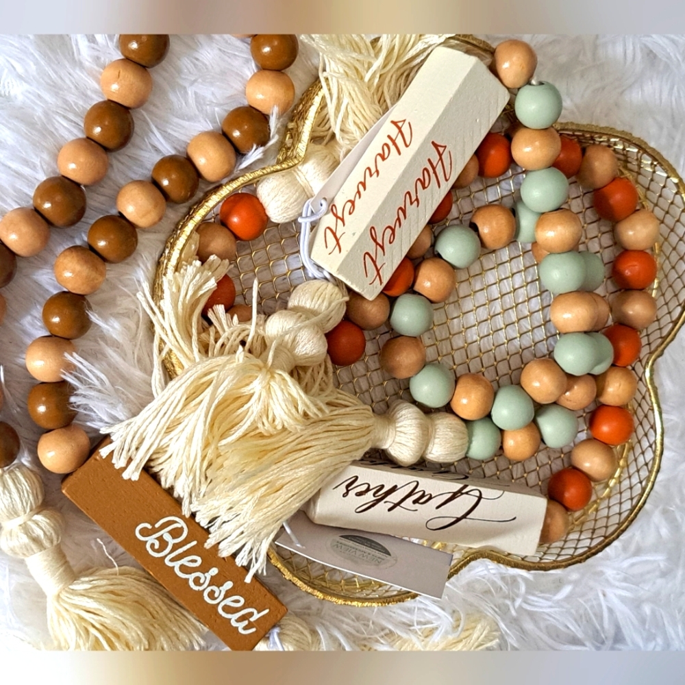 Fall/Thanksgiving Décor 3pc Wooden Bead Bracelet Set with Tassels New